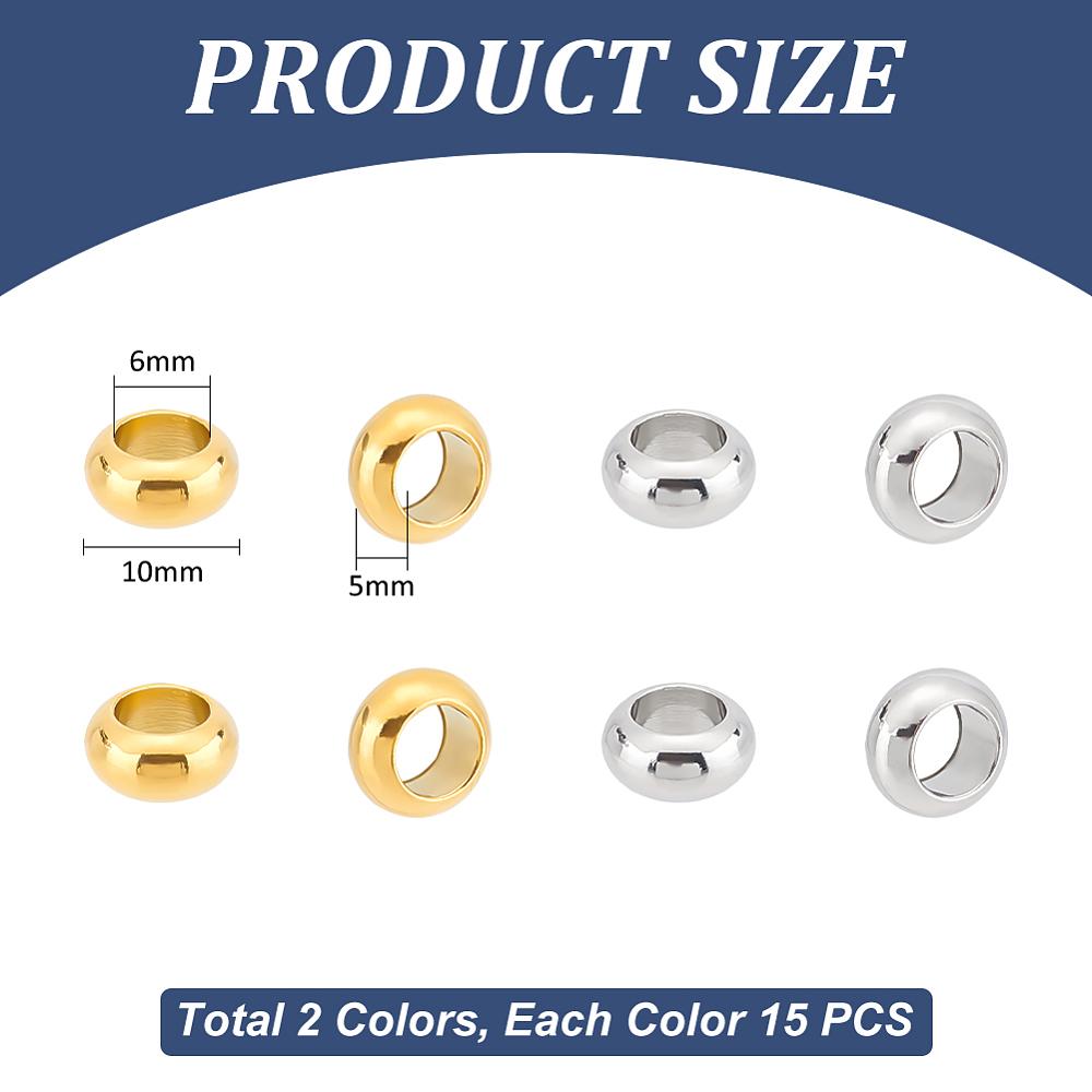 1box 30pcs 2 colors 304 Stainless Steel Beads Rondelle Golden & Stainless Steel color 10x5mm Hole: 6mm 15pcs/color