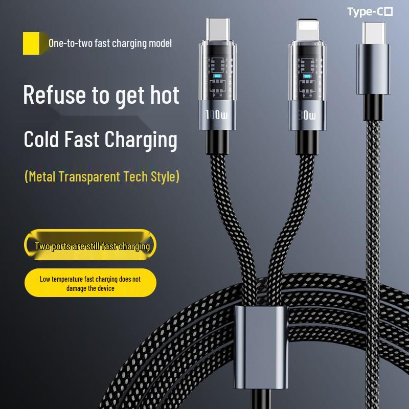 PD100W Transparent Flash Charging Cable for iPhone 14/12 with Light Data Connector
