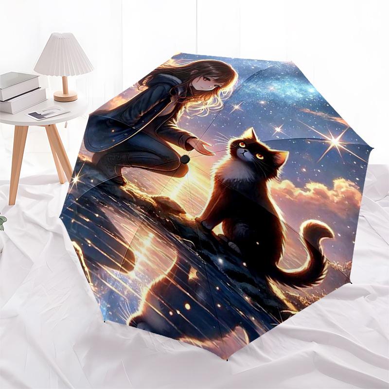 

1pc Anime Girl and Cat Outdoor Umbrella - Automatic Opening/Closing, Portable 3-Fold Design with 8-Bone Iron Frame - Perfect Gift for Fans, Travelers,
