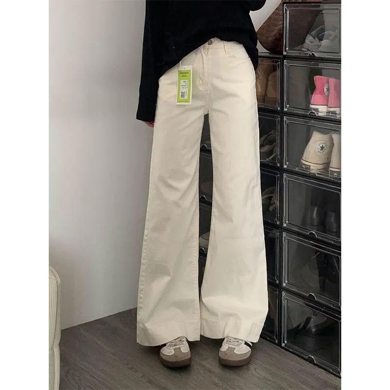 

145 Small White Denim Female Hong Kong Style Retro High Waist Slim Looking Loose without Leg Sticking Slightly Flared Loose Pants Creamy-white small height recommendations XL