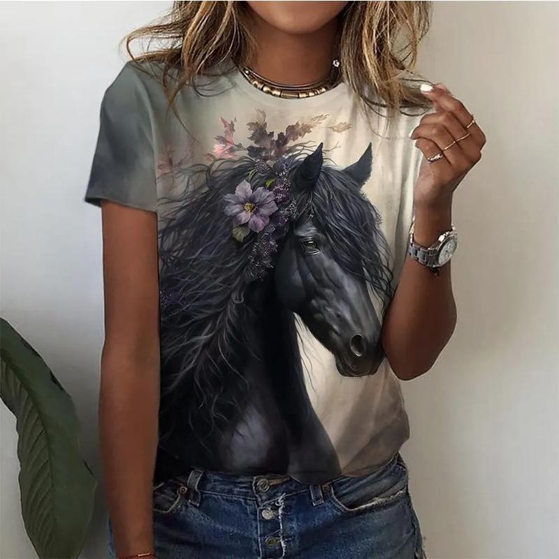 Summer Round Neck 3D Horse Pig Pattern Printed Top Fashionable Casual Short Sleeved Women's T-shirts