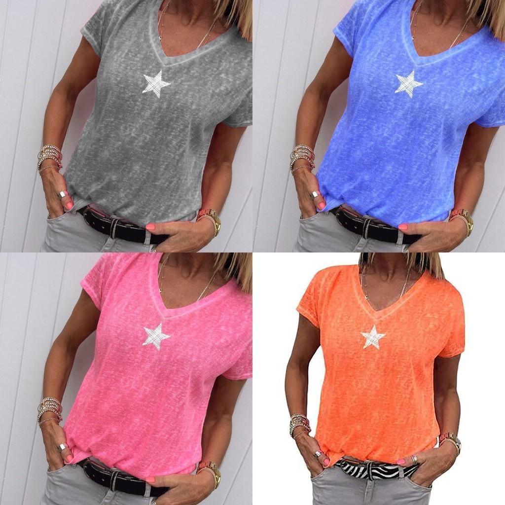 Stylish Women V-neck T-shirt Casual Loose Star Summer Shirts Solid Short Sleeve Perfect For Outdoor Activities