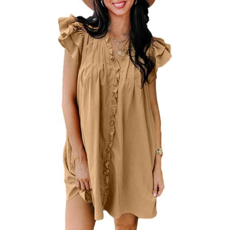 Fashion V-neck Ruffled Short-sleeved Dress Summer Solid Color Loose Shift Dress