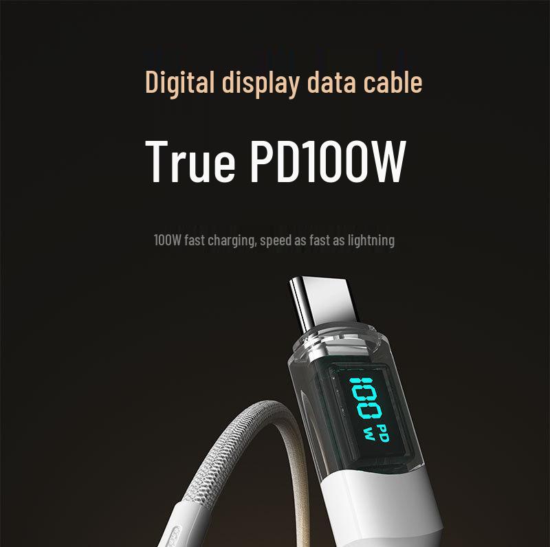 100W Transparent Fast Charging Dual Type-C Cable with Digital Display for Huawei & Apple Laptops
