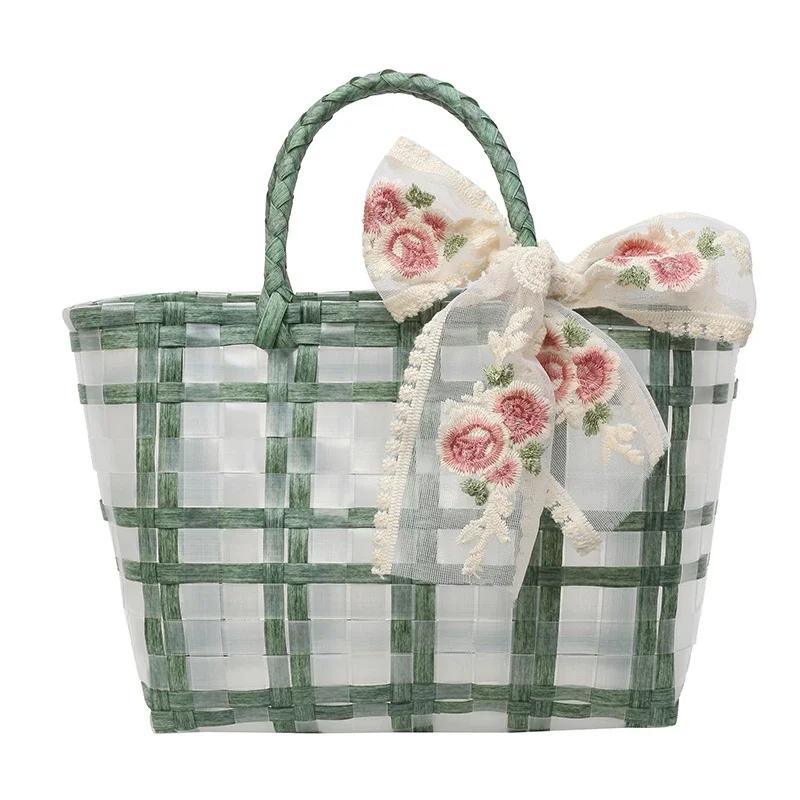 Large capacity picnic bag for ladies  two-tone fabric  embroidered bow  casual PVC bag  women's bags