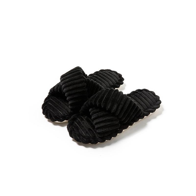 Striped Open ** Fork with Cotton Slippers Fluffy Slippers Comfortable and Simple Home Plush Slippers