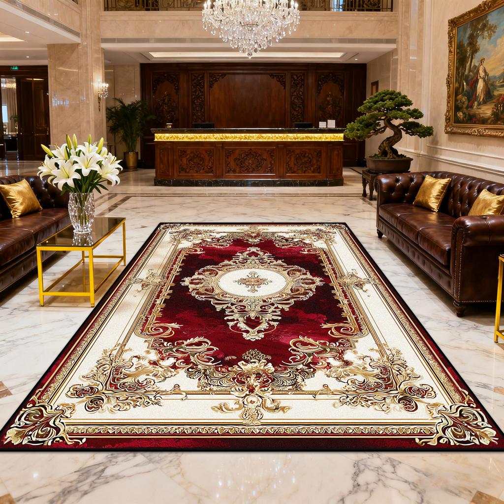 European Luxury Red Gold Easy Clean Carpet for Living Room Decoration Bedroom Bedside Fluffy Rug Large Area Non-slip Floor Mats