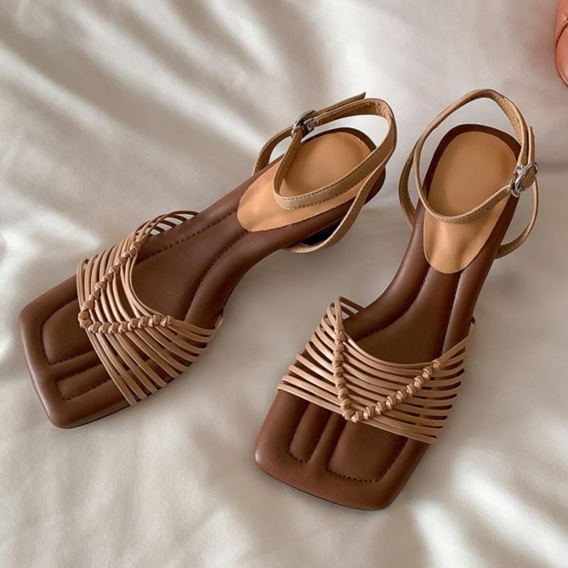 Fashion Women's Hollow Square Head Weave Women Sandals 2025 Summer New Style Special-shaped High Heels Sandals Versatile Fashion Sandals