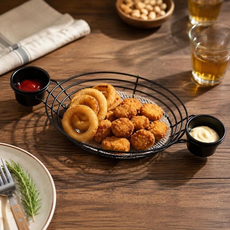 Creative Metal Wire Bread Basket Oval Shape French Fries Stand with 2 Sauce Dipper Cup For Chicken Wing Chip And Party Serving