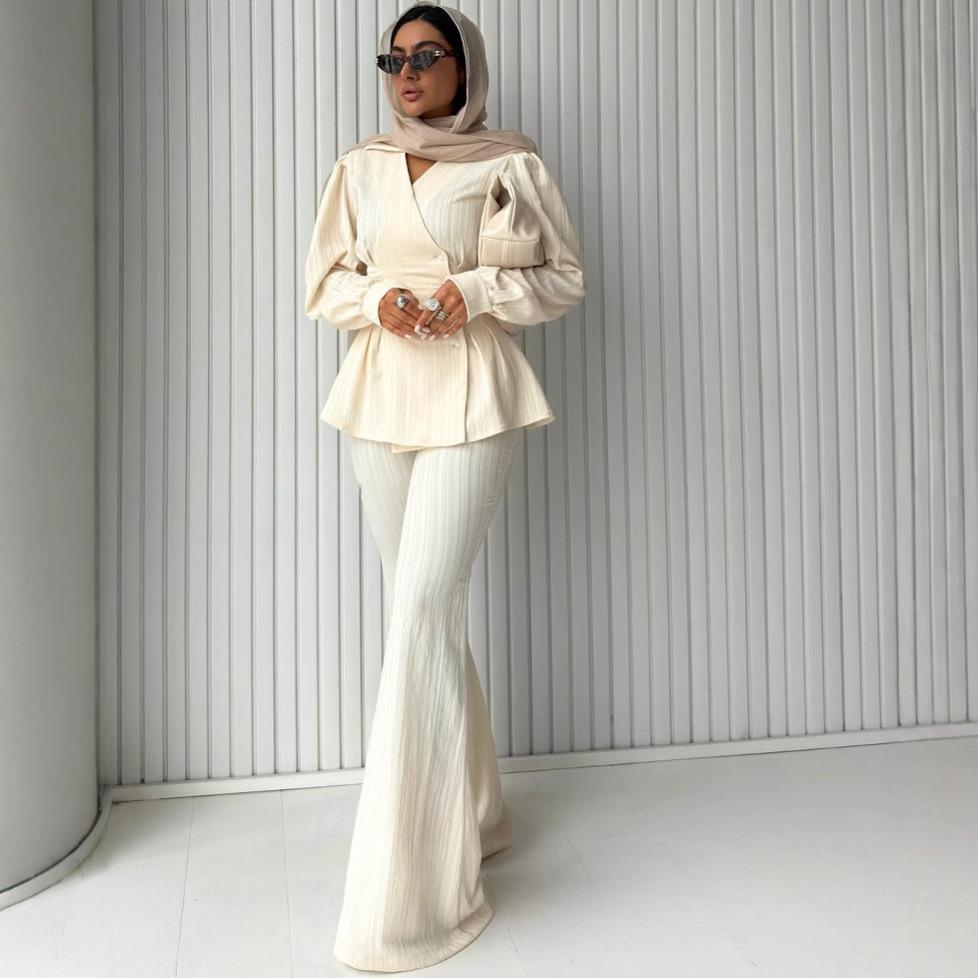2025 Summer Women's Cross-Border Trendy Casual V-Neck Long Sleeve Top & Pants Set