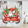 Gnome On Red Truck Christmas Shower Curtain with Tree Design, Snowy Farmhouse Bathroom Decor for Festive Holiday Celebration