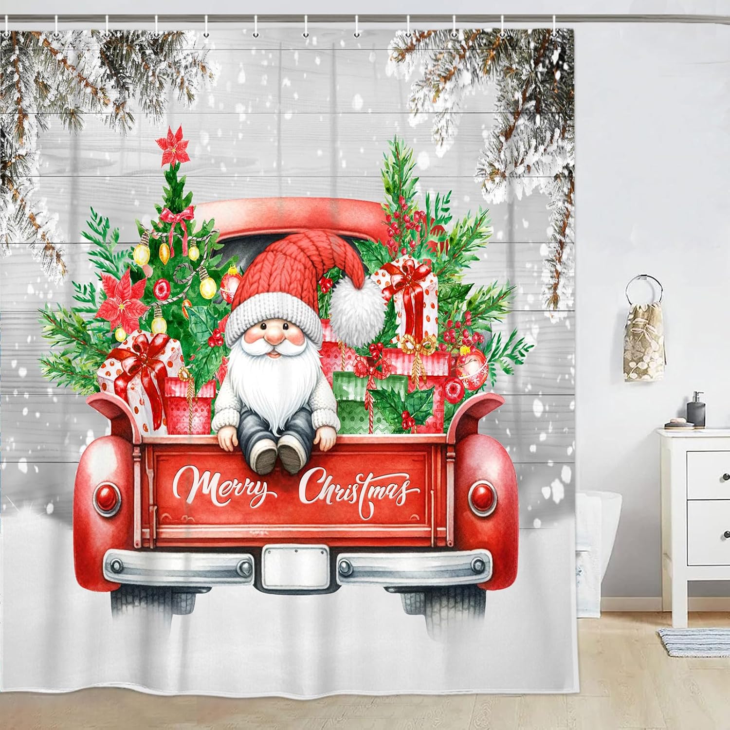 

Gnome On Red Truck Christmas Shower Curtain With Tree Design, Snowy Farmhouse Bathroom Decor For Festive Holiday Celebration W60H190(CM)-1 Pcs