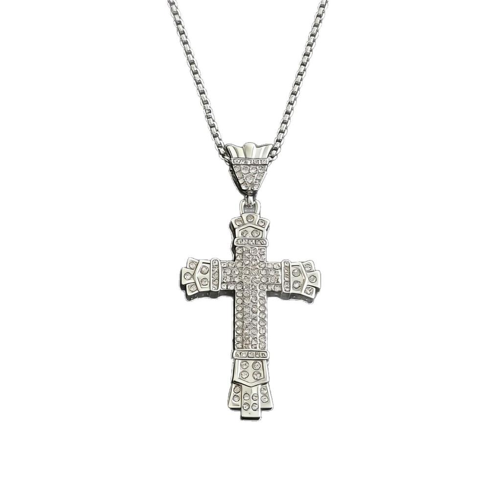 Men's Gold-Plated Retro Cross Pendant Hip-Hop Necklace with Full Diamond Encrustation