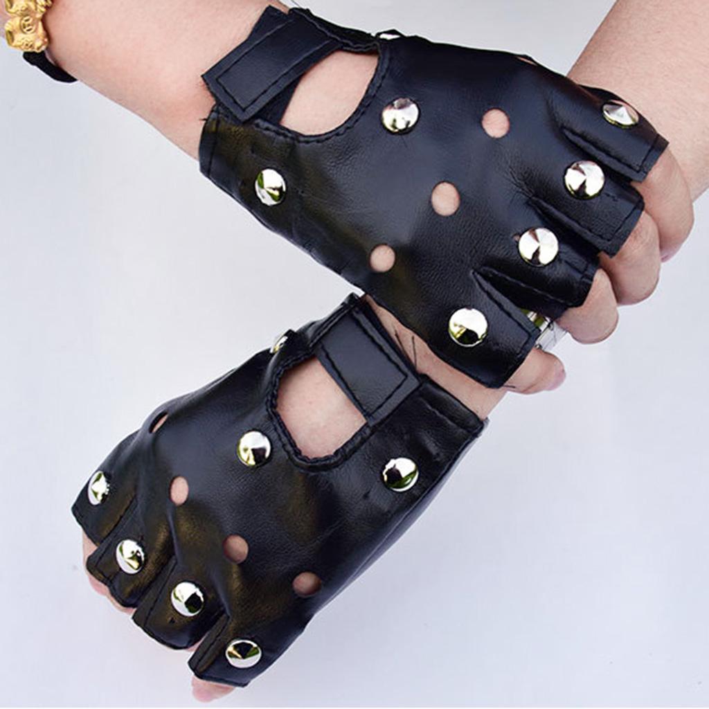 Black Half Finger Motorcycle Mittens Solid Color Faux Leather Gloves for Unisex