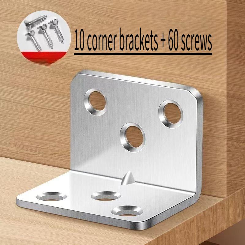 

10 corner brackets + 60 thickened corner brackets stainless steel right-angle fasteners, for fixing tables, chairs, wooden beds, 90-degree connection. 10 pieces + 60 screws