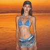 2025 Women's Blue Leopard Print Swimwear Set: Three-Piece Triangle with Tie-Up for Small Bust