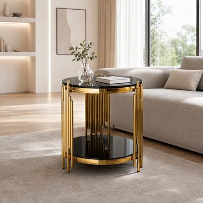 Moderner runder Glas-Beistelltisch, schwarzer und goldener Nachttisch, runder Couchtisch mit Edelstahlbeinen, kleiner Schreibtisch, Nachttisch mit Glasplatte, Sofatisch