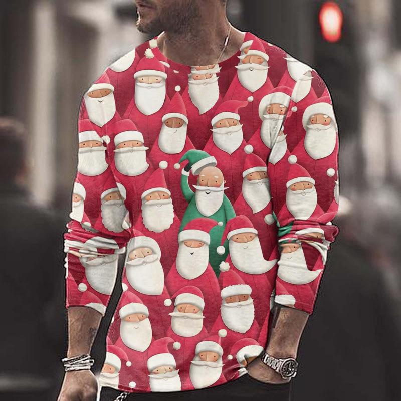 Summer Round Neck Christmas 3D Print Top Fashionable Casual Long Sleeved Men's T-shirts