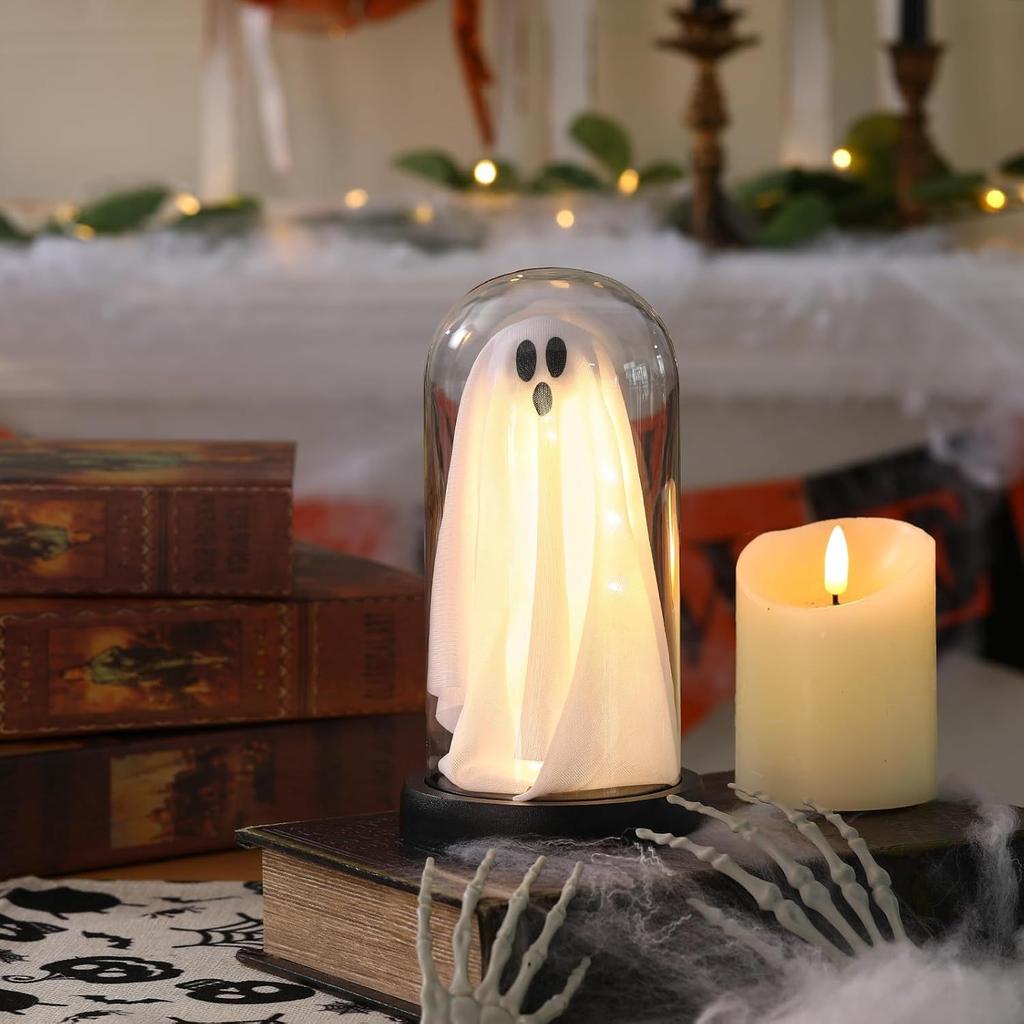Halloween Decorations Indoor, Lighted Ghost in Glass Dome Cloche, Cute Spooky Halloween Ghost Decor for Tabletop Mantel Display