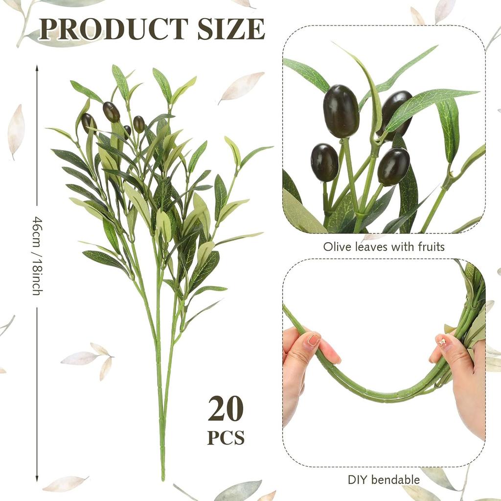 20 Pcs 18 Inch Artificial Olive Branches for Vases Fake Olive Branches Greenery Leaves for Tabletop Home Office Decoration