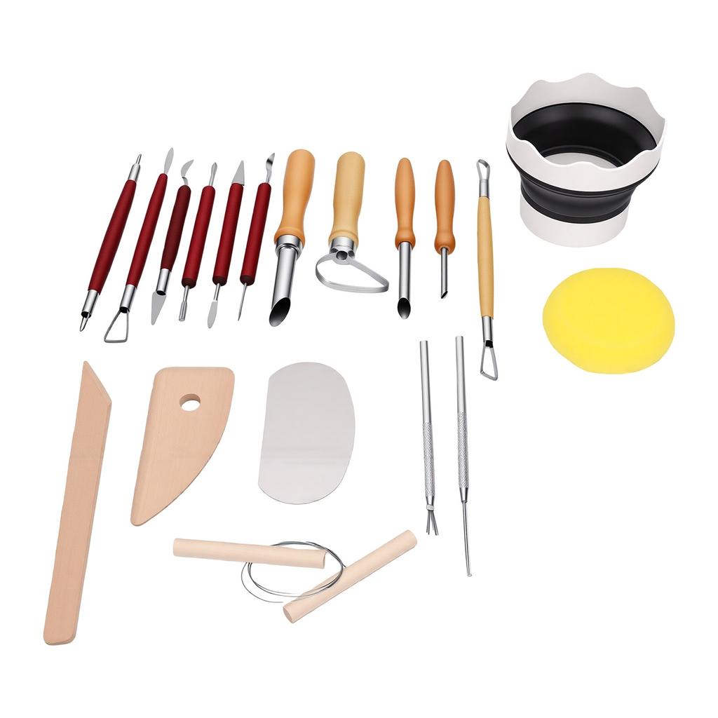 19 Pcs Pottery Tools Kit with Wooden Handle Stainless Steel Clay Sculpting Tools for Ceramics Carving Shaping Detailing