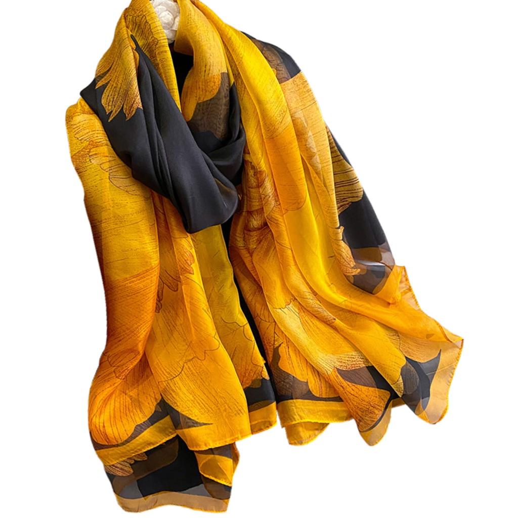 Shawl with a large yellow flower on a black background - elegant, light and stylish