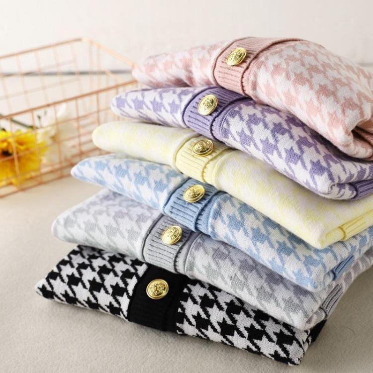 Women Casual Comfortable Knitted Cardigan Houndstooth V Neck Single Breasted Full Sleeve Top Black Gray Pink One Size