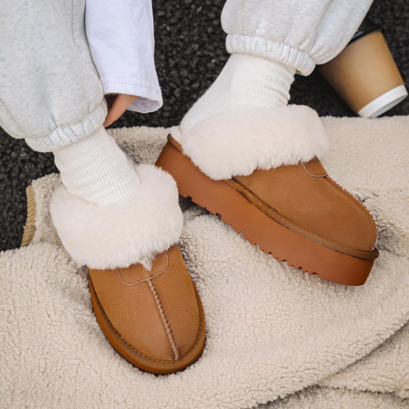 Women's Furry Leather Snow Boots - Thick Sole, Closed Toe, Non-Slip, Warm Slippers