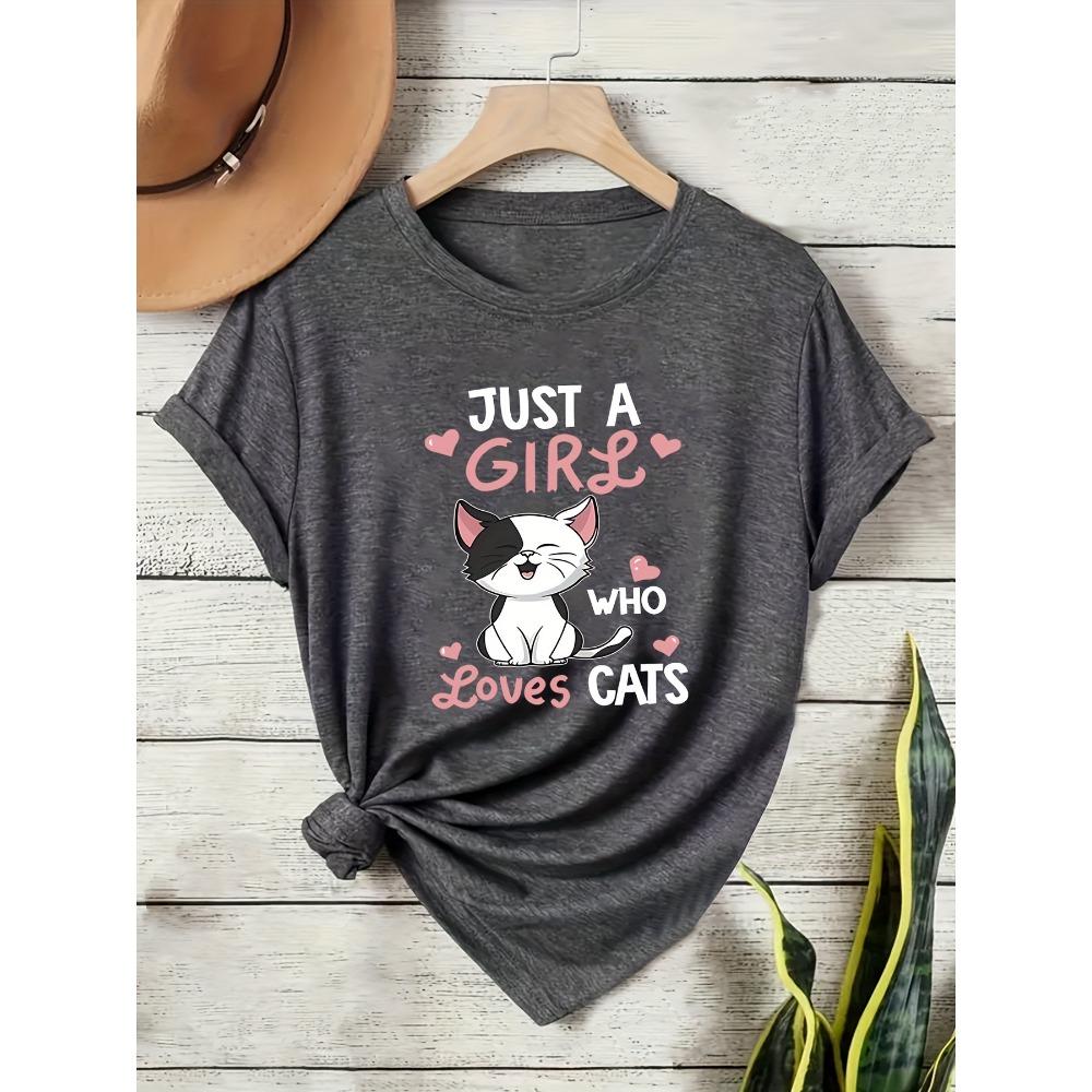 

Women Cotton Short Sleeves T-shirts Just A Girl Who Loves Cats Women s Tee Cute Cartoon Cat Green Top 3XL