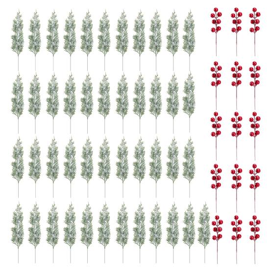 55/60Pcs Artificial Pine Branch Christmas Holly Berries Branch Faux Greenery Pine Needle Pick Fake Red Berry Stems Xmas Holiday Party Decoration