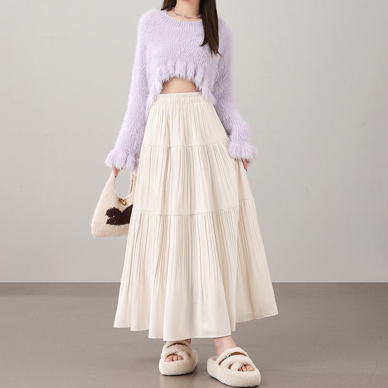 2025 Fall/Winter Layered Woolen Flare A-Line Skirt - Slimming, High-Waist, Long Design