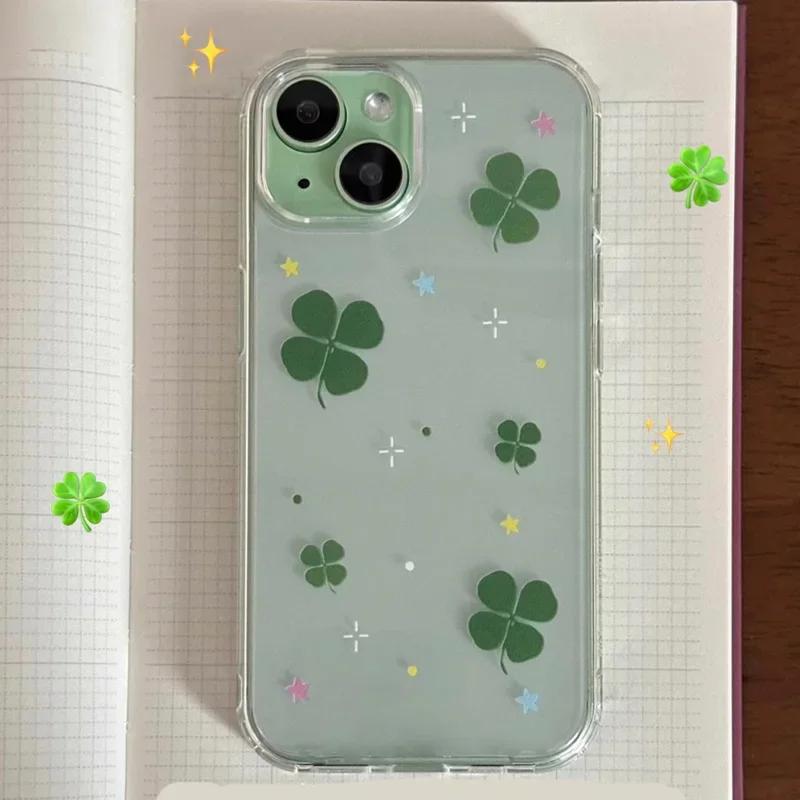 

Cute Lucky Grass Clear Phone Case For iPhone 17 16 15 14 13 12 11 Pro Max Mini SE 7 8 Plus Air Y2K Shockproof Soft Cover Fundas iPhone 15 ProMax