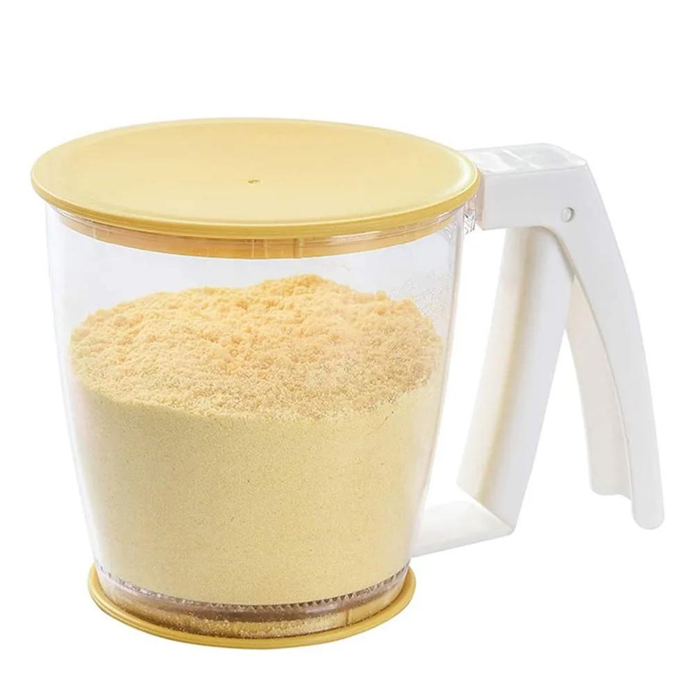 Griff Presse Tasse Form Mehl Sieb Backen Puderzucker Pulver Sieb Sieb Filter mit Deckel Küche Werkzeug Küche Gadget