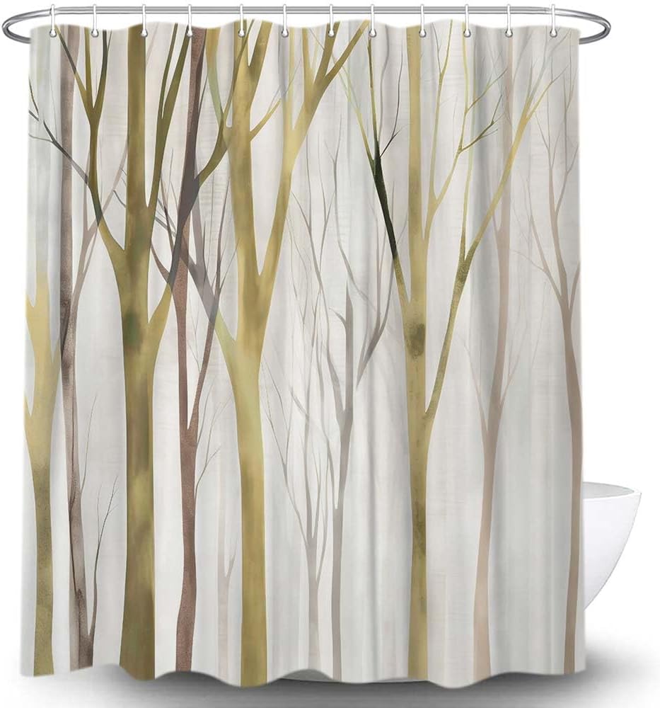 Brown Yellow Tree Fabric Shower Curtain, Art Style Abstract Birch Forest Farmhouse Bathroom Shower Curtains with Hooks