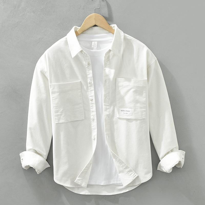Spring/Autumn Long Sleeve Shirts for Men Vintage Japanese Style Corduroy Shirt Loose Top Square Double Pocket Casual Shirts