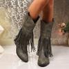 Kvinnors tofsdekor med tjocka klackstövlar, mode metallpärlor dekor med dragkedjestövlar på sidan, bekväma stövlar för kvinnor