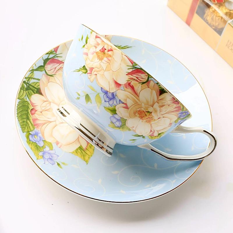 Floral Coffee Cups and Saucers with Spoon, 170ML Gold Trim Porcelain Cup for Cappuccino Latte,Bone China Tea Cups for Party High Tea