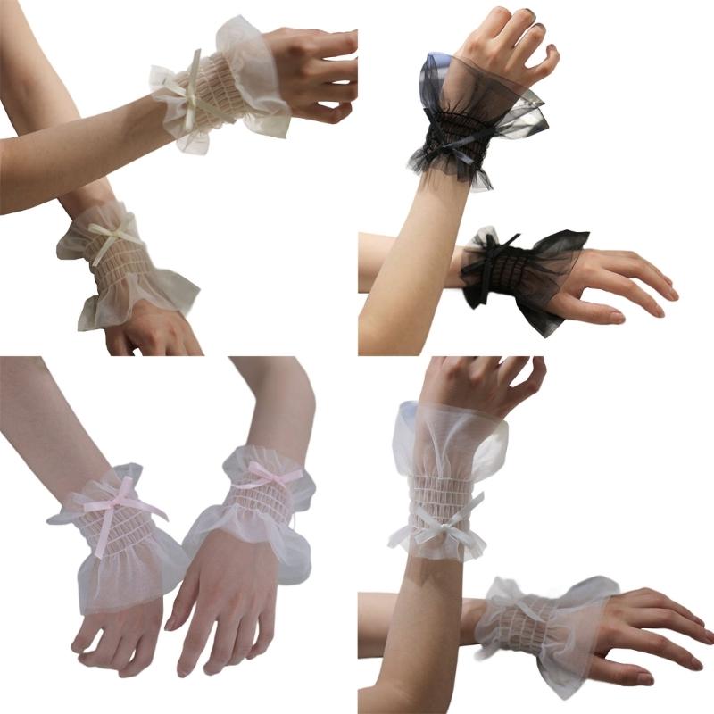 Women Wrist Cuffs Ribbon Bow Removable Ruffled Wedding Supply Bride Dress False Sleeves Tulle Flared Sleeves