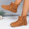 Bottes élégantes pour femmes de couleur unie, bottes d'hiver doublées en peluche avec ceinture à boucle cloutée à pompons, bottes de neige confortables à bout rond automne