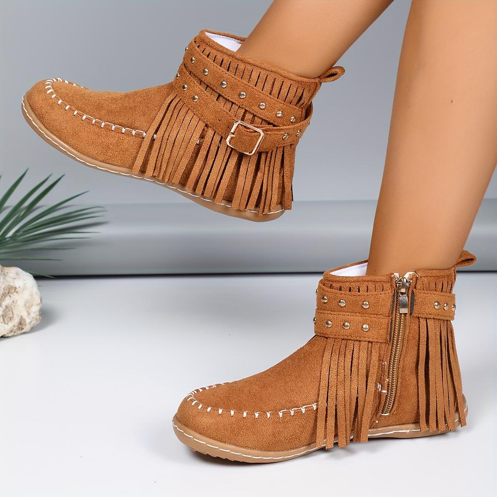 Bottes élégantes pour femmes de couleur unie, bottes d'hiver doublées en peluche avec ceinture à boucle cloutée à pompons, bottes de neige confortables à bout rond automne