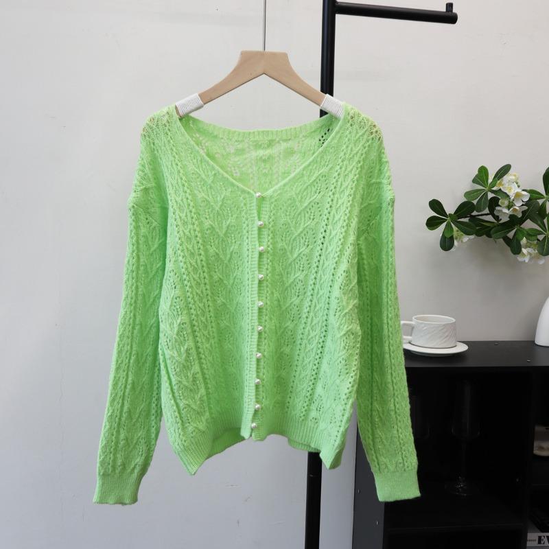 Early autumn new hollow design knitted cardigan thin soft waxy sweet loose sweater jacket women