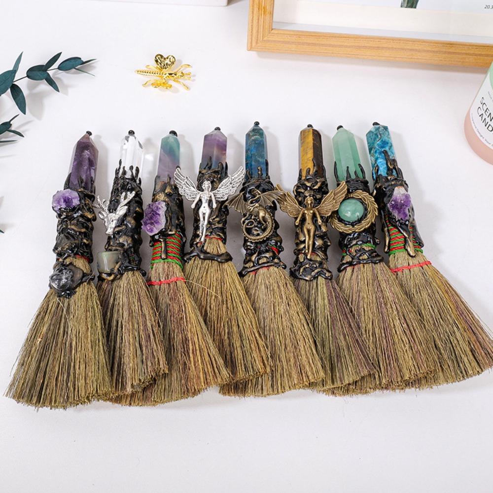 Rough Stone Crystal Column Point Stone Broom Natural Broom Craft Witch Broom Ornaments  Psychic