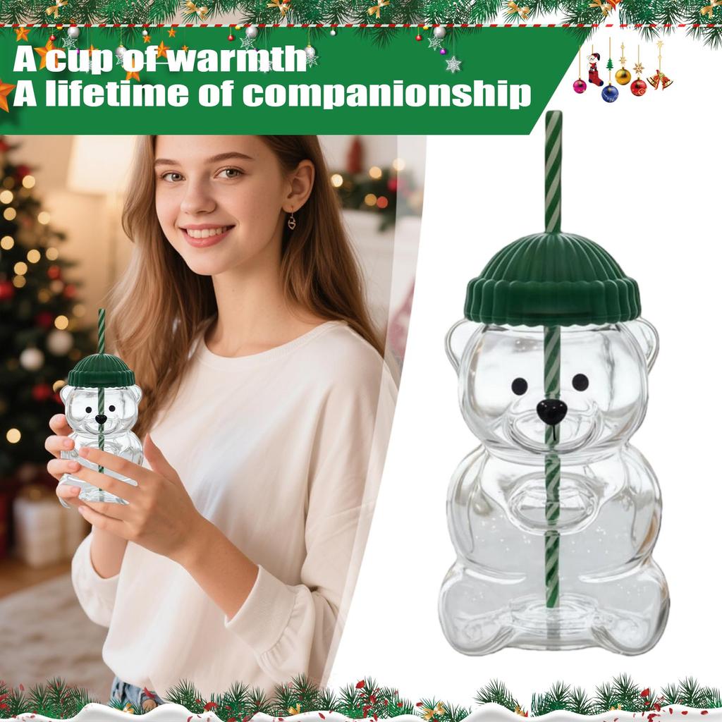 Bear-Shaped Glass Straw Cup: Cute Transparent Design, Green Hat Water Cup