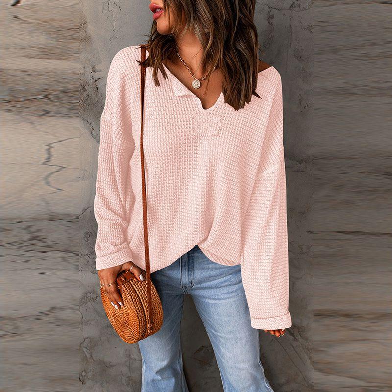 2024 Autumn Solid Color Waffle Knitting Long Sleeves T-shirt Female Fashion Drop-Shoulder Sleeve V-neck Casual Loose Pullover Female