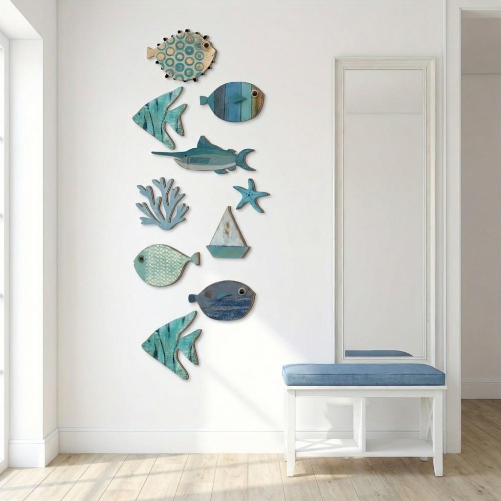 10Pcs Retro Ocean Animal Decoration Wall Art Fish Wall Decor Wooden Decorations  Summer Outdoor