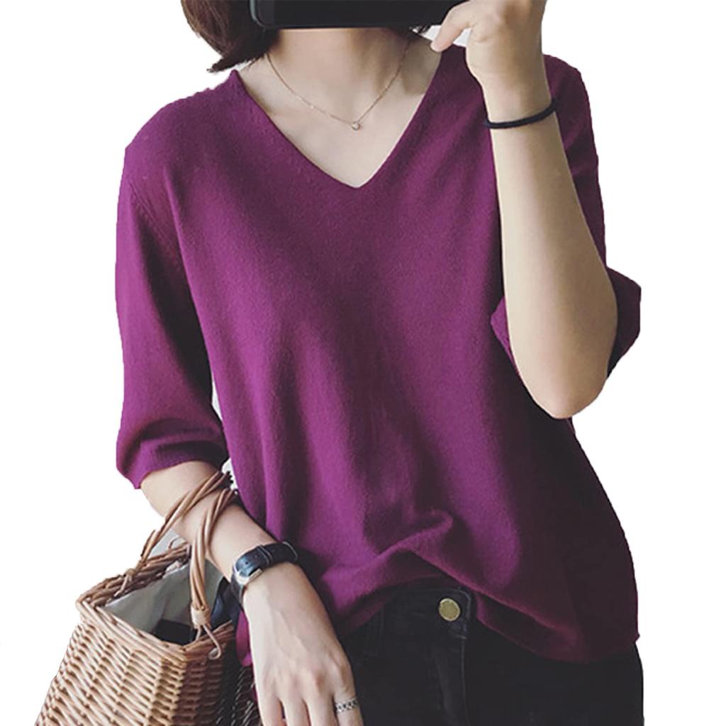 Summer Knit Short Sleeve Loose Cut and Fashionable Summer Beautiful Coordination [ANCKDOCE] Women's T-Shirt, V-Neck, Fit, Sewn, Clothes, Tops, (White)