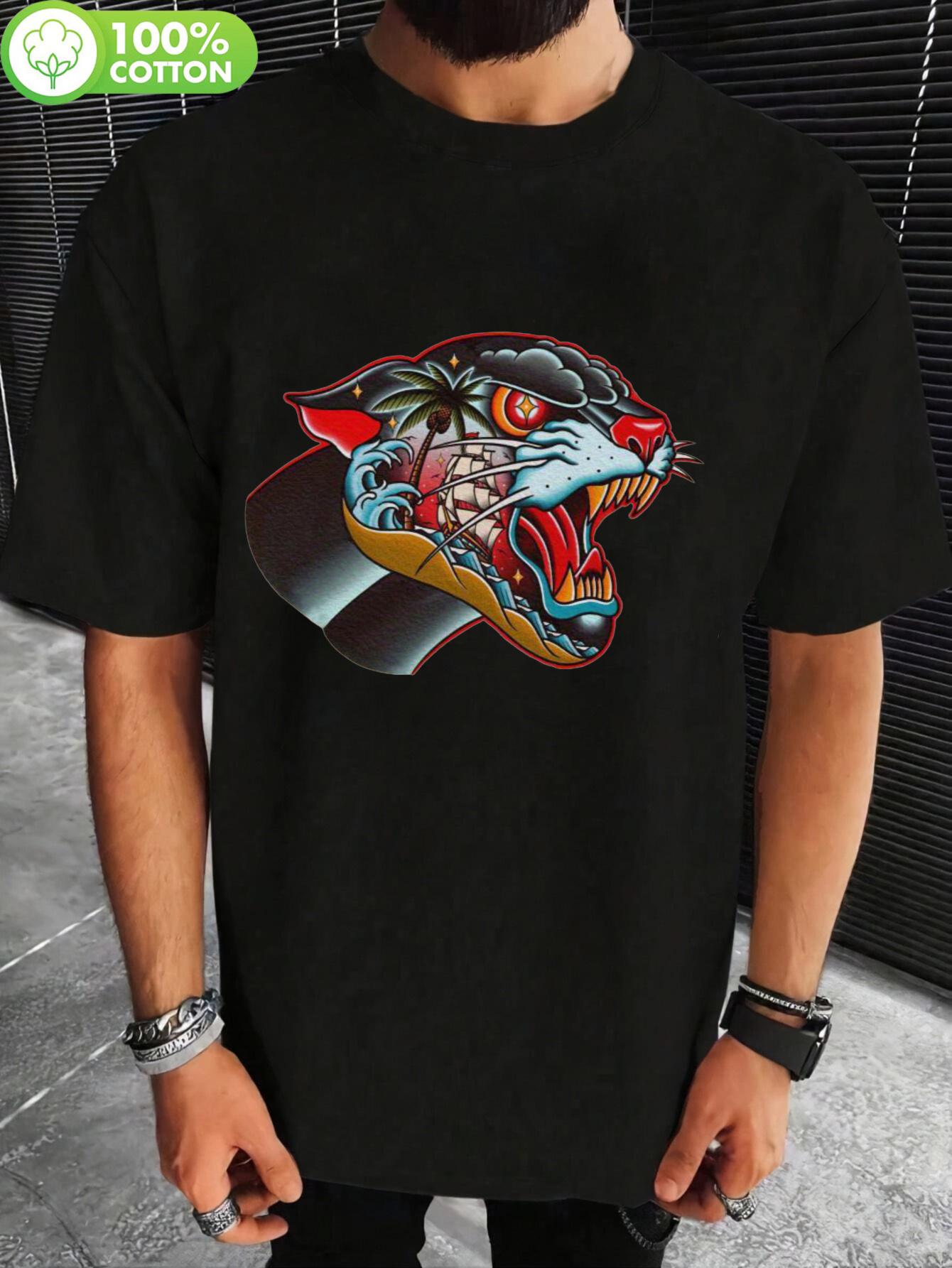 

Retro Fierce Panther Graphic T-shirt - Beige 100% Cotton Breathable Crew Neck L