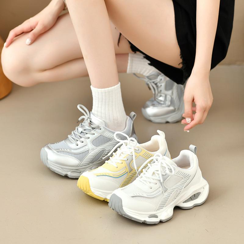 Mesh summer new breathable 2025 versatile dad shoes women's fashion lace-up platform sports casual white shoes