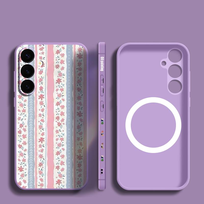 Floral Stripes Print Case For Samsung Galaxy S26 Ultra S25 FE S24 S23 S22 Plus S21 FE Built-in Metal Plate Magnetic Silicone Cover