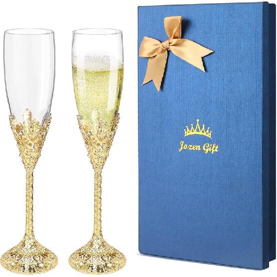 Champagne Flutes-Set of 2 Champagne glasses, Crystal Glasses&Metal Base, Toasting Flute Pair, Wedding Anniversary, Party,Birthday,Banquets,Gifts for